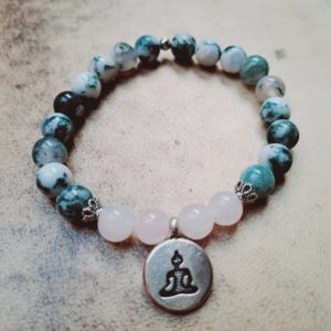 Bracelet, pierres Agate arbre et quartz rose (8mm), de qualité AA, et bijou en argent