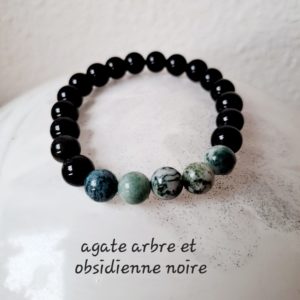 Bracelet, pierres Agate arbre et obsidienne (8mm), de qualité AA