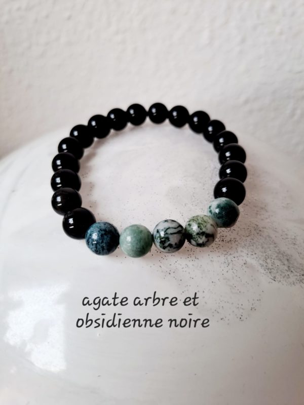 Bracelet, pierres Agate arbre et obsidienne (8mm), de qualité AA