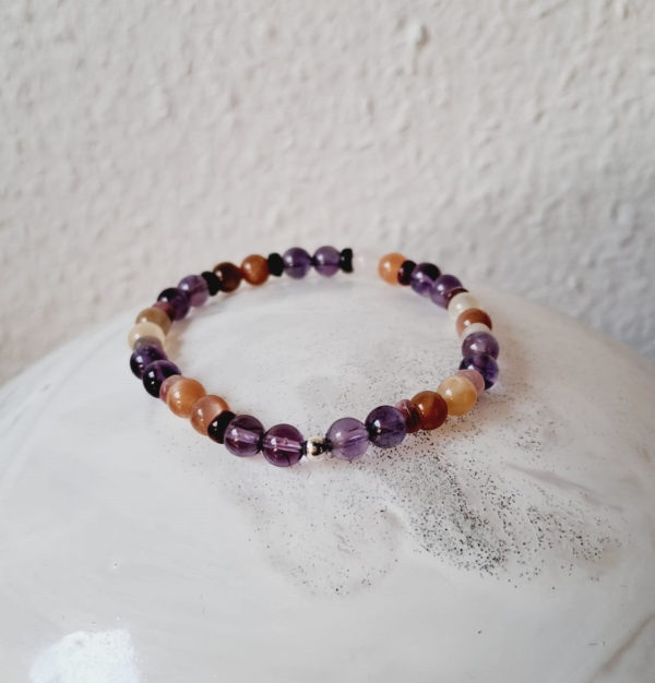 Bracelet, pierres de lune, améthyste et tourmaline (6mm), de qualité AA, séparateur en argent