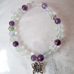 Bracelet de pierres semi-précieuses améthyste et fluorite, séparateurs argent (qualité A)- 6 mm