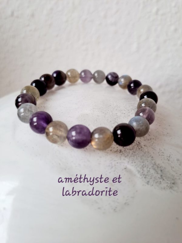 Bracelet de pierres semi-précieuses labradorite et améthyste (qualité A) - 8 mm