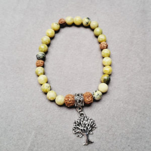 Bracelet, pierres chrysoprase citron (6mm), et rudraskha (6 mm), de qualité AA, bijou en argent