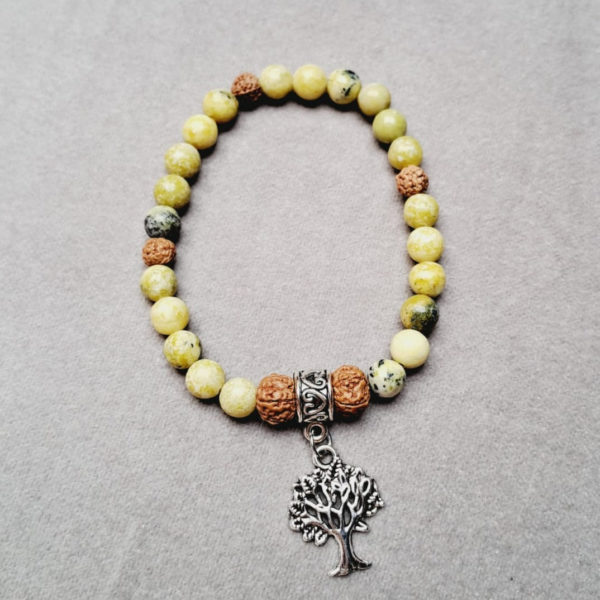 Bracelet, pierres chrysoprase citron (6mm), et rudraskha (6 mm), de qualité AA, bijou en argent