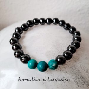 Bracelet de pierres semi-précieuses, turquoise et hématite (qualité A) - 8 mm