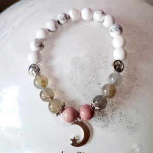 Bracelet, pierres labradorite, rhodonite et howlite (8mm), de qualité AA avec bijou en argent