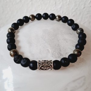 Bracelet de pierres semi-précieuses de lave et pyrite (qualité A) - 8 mm, avec séparateurs en argent