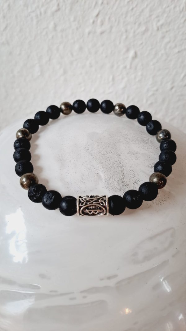 Bracelet de pierres semi-précieuses de lave et pyrite (qualité A) - 8 mm, avec séparateurs en argent