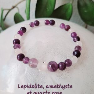 Bracelet de pierres semi-précieuses, quartz rose, lépidolite et améthyste - 6 et 8 mm