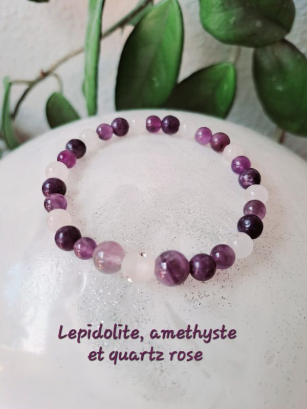 Bracelet de pierres semi-précieuses, quartz rose, lépidolite et améthyste - 6 et 8 mm