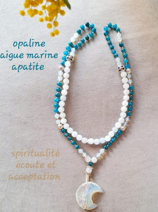Collier mala - apatite bleue, opaline verre - 6 mm et aigue-marine 8 mm, lune en argent et opaline