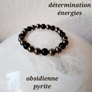 Bracelet de pierres semi-précieuses pyrite et obsidienne (8 mm) qualité AA
