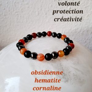 Bracelet de pierres semi-précieuses obsidienne, hématite et cornaline (qualité A)- 6 mm