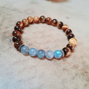 Bracelet de pierres semi-précieuses, oeil de tigre et labradorite (qualité A)- 8 mm