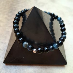 Bracelet de pierres semi-précieuses onyx et oeil de faucon (qualité A)- 6 mm et séparateur argent