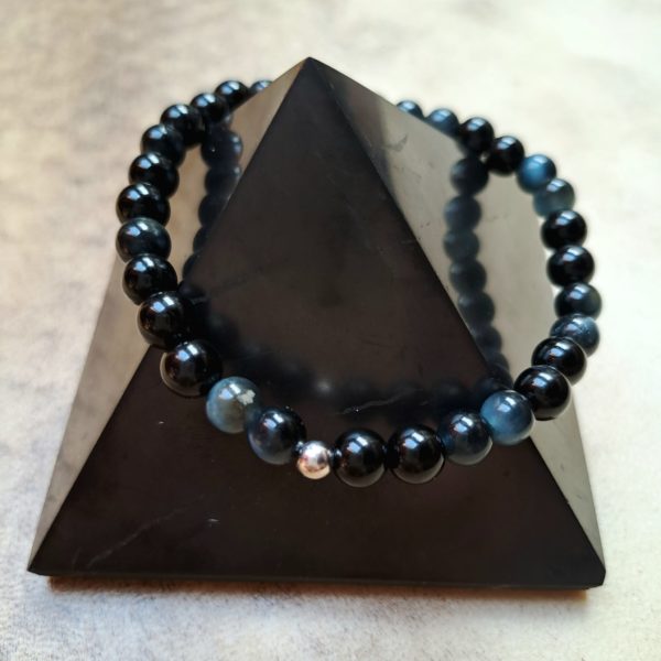 Bracelet de pierres semi-précieuses onyx et oeil de faucon (qualité A)- 6 mm et séparateur argent