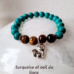 Bracelet oeil de tigre et turquoise avec bijou (renard) (qualité A) - 8 mm