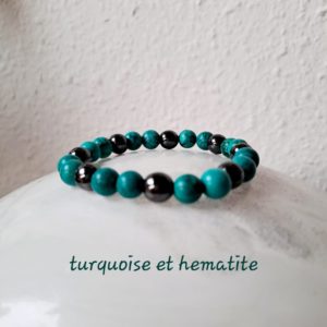 Bracelet de pierres semi-précieuses, turquoise et hématite (qualité A) - 8 mm