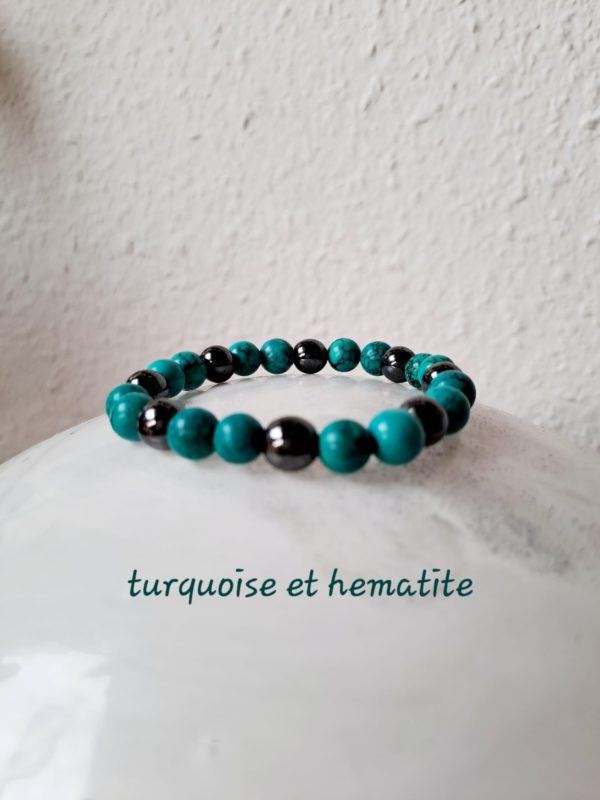Bracelet de pierres semi-précieuses, turquoise et hématite (qualité A) - 8 mm