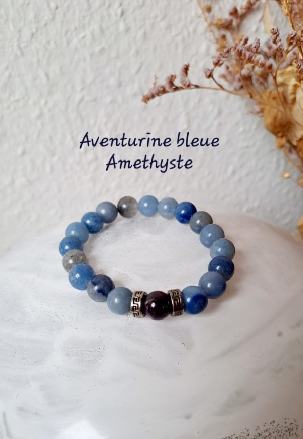 Bracelet d'Aventurine bleue et Améthyste et petits séparateurs argentés